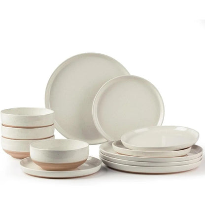 12-Piece Handpainted Stoneware Dinnerware Set for 4 - Light Beige