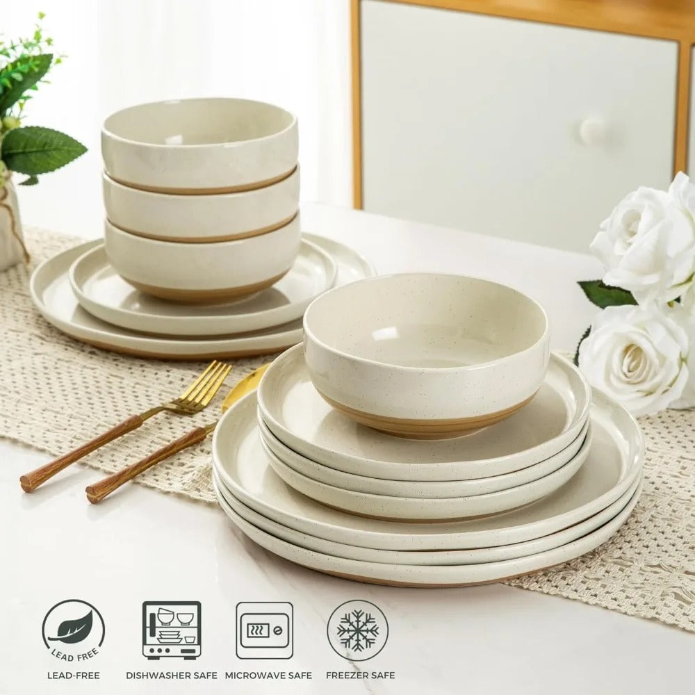 12-Piece Handpainted Stoneware Dinnerware Set for 4 - Light Beige