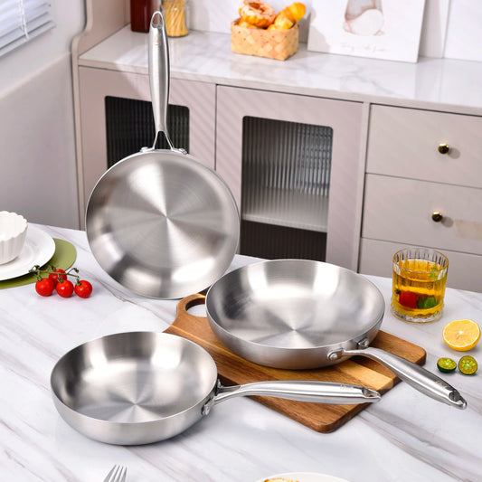3-Piece Stainless Steel Frying Pan Set - 22/24/26cm Professional Skillets