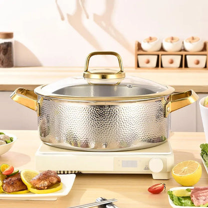 304 Stainless Steel Hammered Soup Pot with Gold-Trimmed Lid