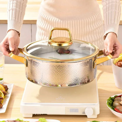 304 Stainless Steel Hammered Soup Pot with Gold-Trimmed Lid